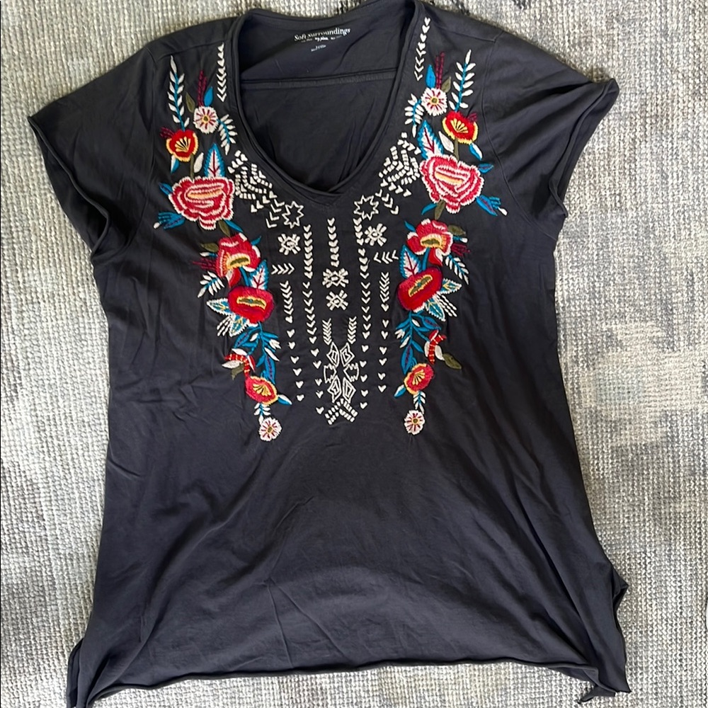 Soft Surroundings dark grey top with Floral embroidered design